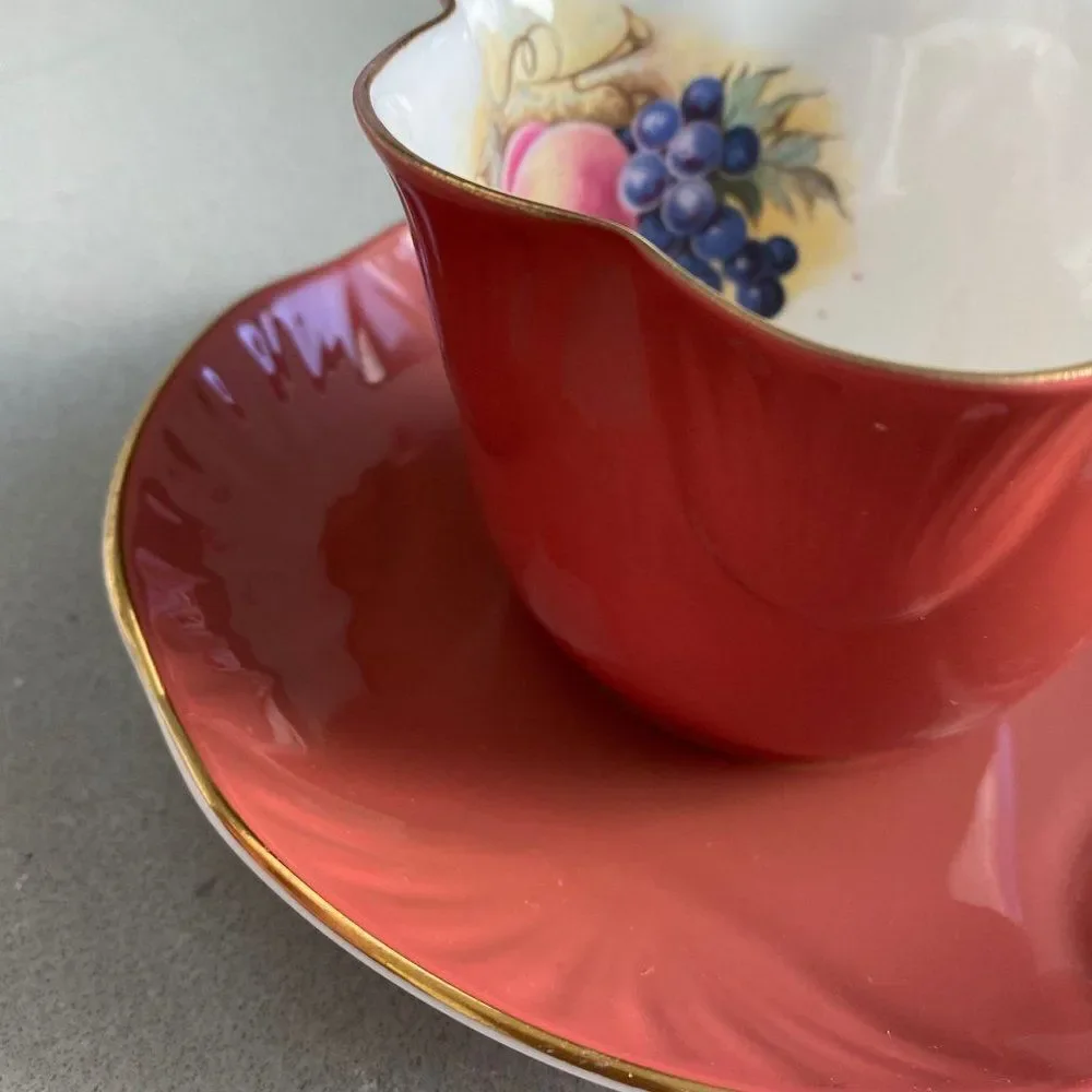 1960 Vintage Crown Staffordshire Orange White China Teacup and Saucer Set